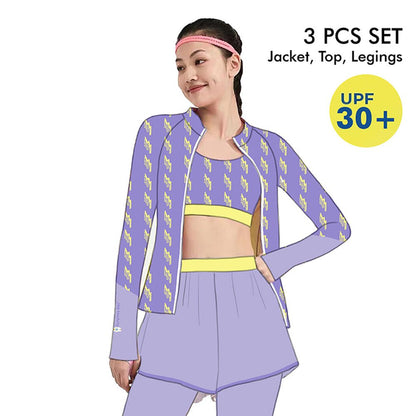 3 pcs Purple ThunderBolt Matching Top,leggings & Jacket style Swimwear set for Pre Teens & Teens - Little Surprise Box3 pcs Purple ThunderBolt Matching Top,leggings & Jacket style Swimwear set for Pre Teens & Teens