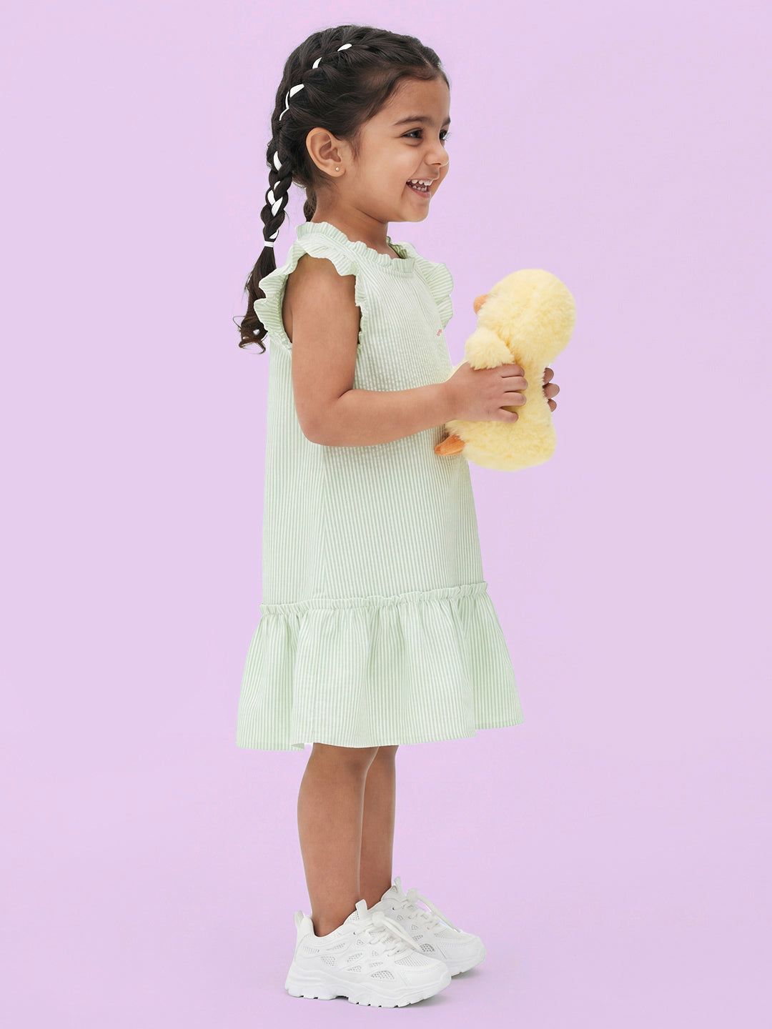Soothing Stripes Frill Sleeves Dress for Girls (Green)