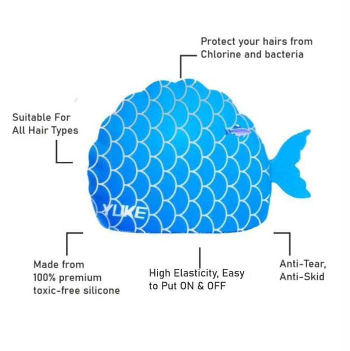 Scales Blue Fishy, Silicone Kids Swim Cap, 5 years -15 years