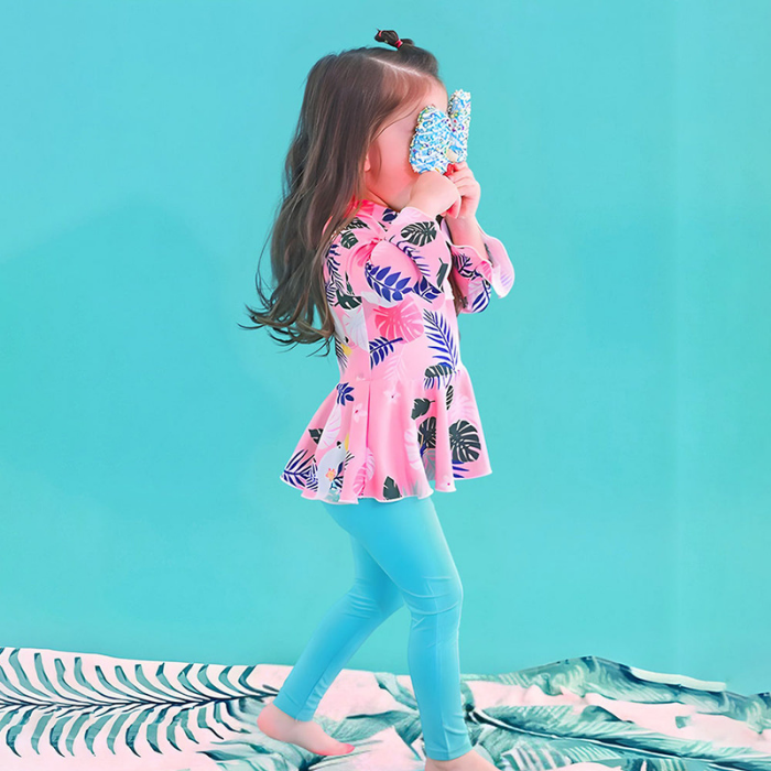 2 Pcs Pink Leaves Top & Leggings Set, Kids Swimwear with matching Swim Cap, plus Free Wash Bag & Free Swim Detergent