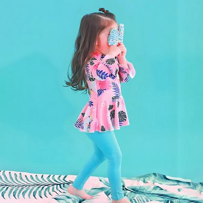 2 Pcs Pink Leaves Top & Leggings Set, Kids Swimwear with matching Swim Cap, plus Free Wash Bag & Free Swim Detergent