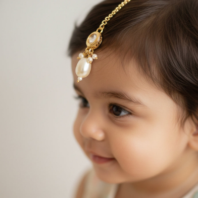 Choko Girls White Round Kundan Large Pearl Drop Maang Tikka