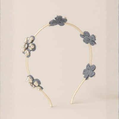 Choko Beaded Floral Hairband with Rustic Floral Beads and Versatile Style for Girls - Denim Blue