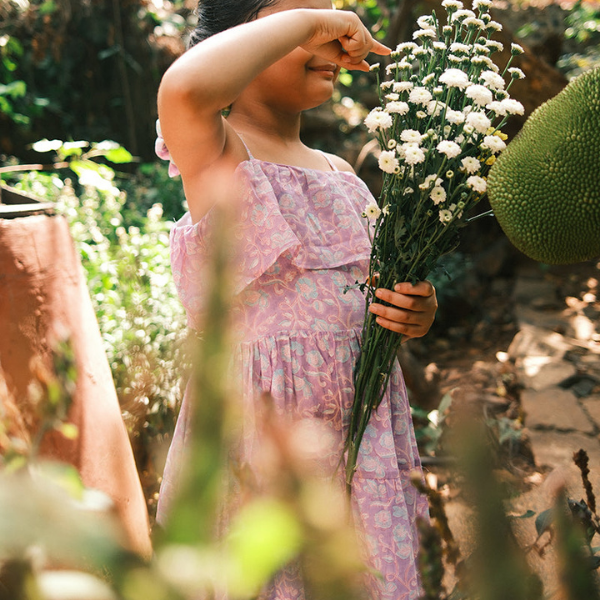 Fool's paradise dress in purple butterfly blockprint
