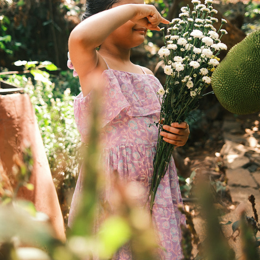 Fool's paradise dress in purple butterfly blockprint