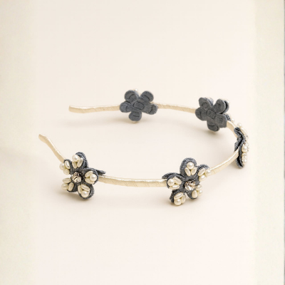 Choko Beaded Floral Hairband with Rustic Floral Beads and Versatile Style for Girls - Denim Blue