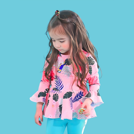 2 Pcs Pink Leaves Top & Leggings Set, Kids Swimwear with matching Swim Cap, plus Free Wash Bag & Free Swim Detergent