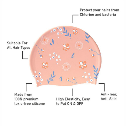 Peach Small Flower Print Swimming Cap for Kids and Adults, 10 years and above.