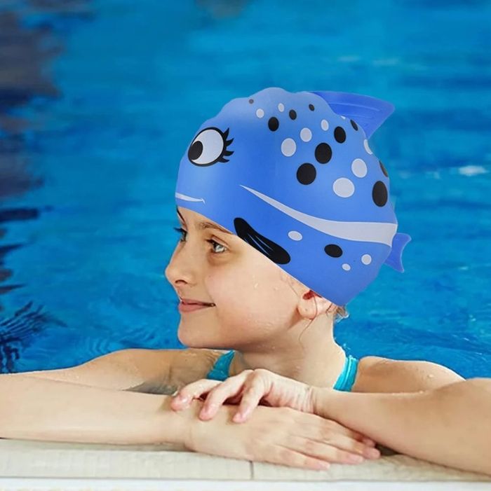 Black Polka Blue Fishy, Silicone Kids Swim Cap, 5 years -15 years