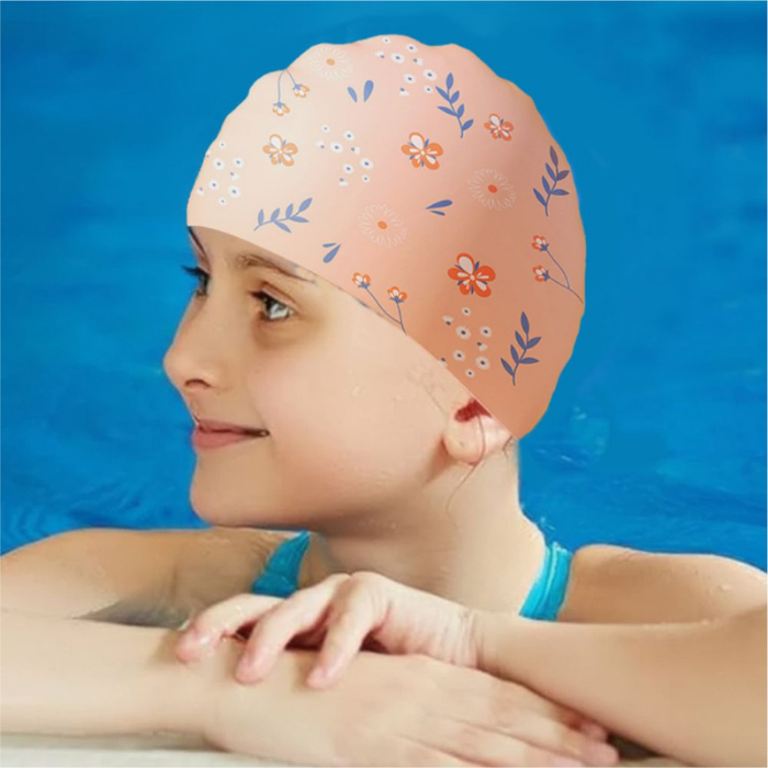 Peach Small Flower Print Swimming Cap for Kids and Adults, 10 years and above.