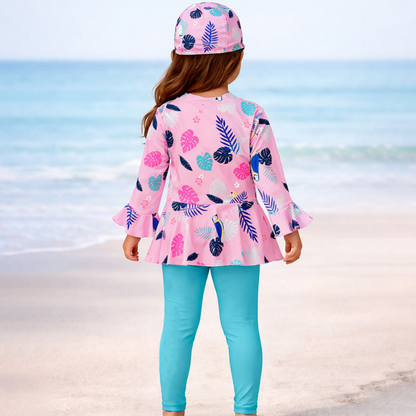 2 Pcs Pink Leaves Top & Leggings Set, Kids Swimwear with matching Swim Cap, plus Free Wash Bag & Free Swim Detergent