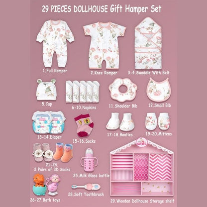 Newborn Baby Girl Wooden Dollhouse Gift Hamper (0-12 months)