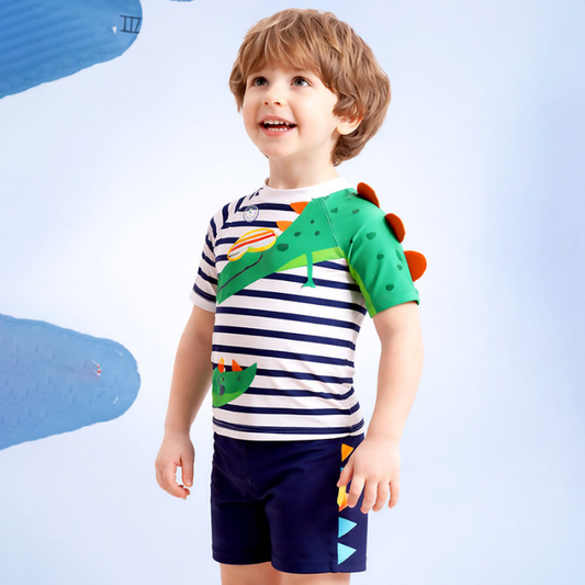 2 Pcs 3D Crocodile T-shirt & Shorts Set, Kids Swimwear with matching Swim Cap, plus Free Wash Bag & Free Swim Detergent