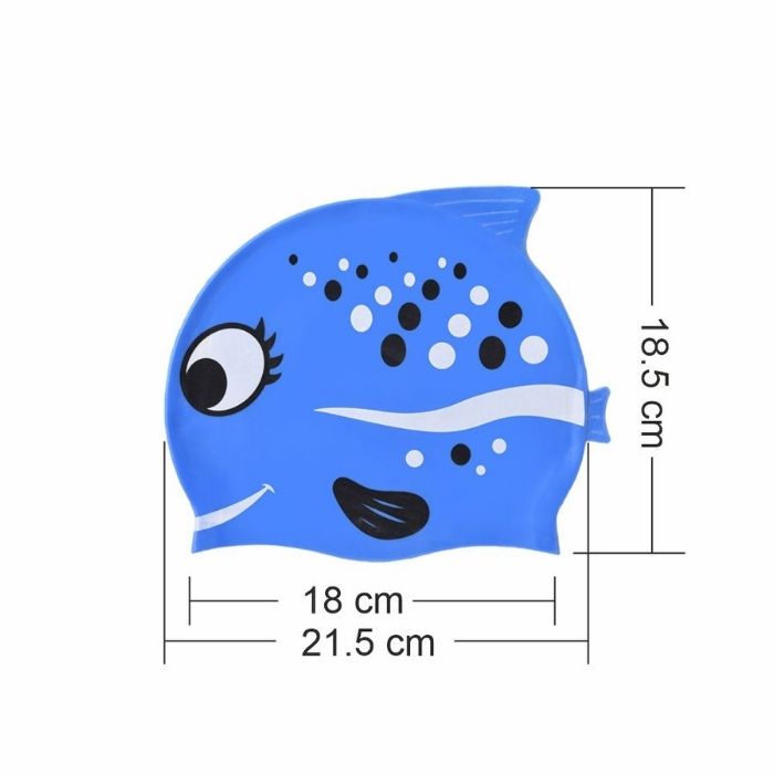 Black Polka Blue Fishy, Silicone Kids Swim Cap, 5 years -15 years