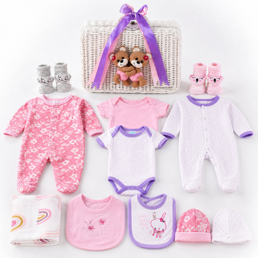 25 pcs, Twin Girls White cane basket themed Newborn Baby Boy, All Season wear,Gift Hamper set, 0-6 months