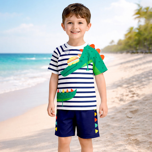2 Pcs 3D Crocodile T-shirt & Shorts Set, Kids Swimwear with matching Swim Cap, plus Free Wash Bag & Free Swim Detergent