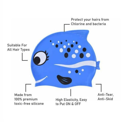 Black Polka Blue Fishy, Silicone Kids Swim Cap, 5 years -15 years