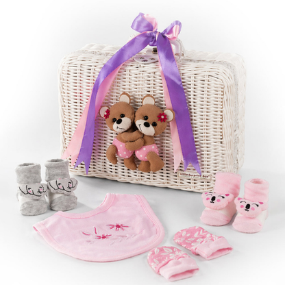 25 pcs, Twin Girls White cane basket themed Newborn Baby Boy, All Season wear,Gift Hamper set, 0-6 months