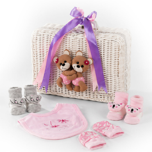 25 pcs, Twin Girls White cane basket themed Newborn Baby Boy, All Season wear,Gift Hamper set, 0-6 months