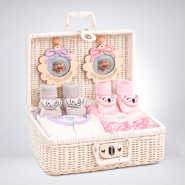 25 pcs, Twin Girls White cane basket themed Newborn Baby Boy, All Season wear,Gift Hamper set, 0-6 months