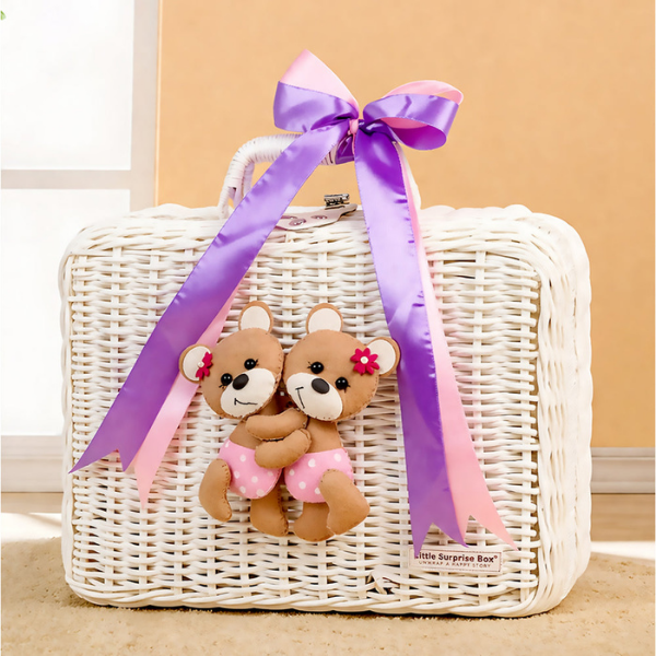 25 pcs, Twin Girls White cane basket themed Newborn Baby Boy, All Season wear,Gift Hamper set, 0-6 months