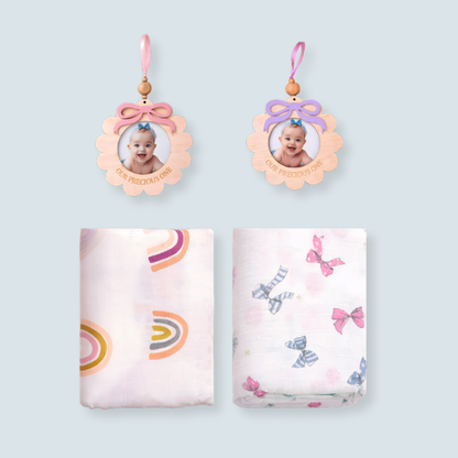 25 pcs, Twin Girls White cane basket themed Newborn Baby Boy, All Season wear,Gift Hamper set, 0-6 months