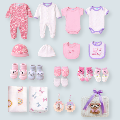 25 pcs, Twin Girls White cane basket themed Newborn Baby Boy, All Season wear,Gift Hamper set, 0-6 months
