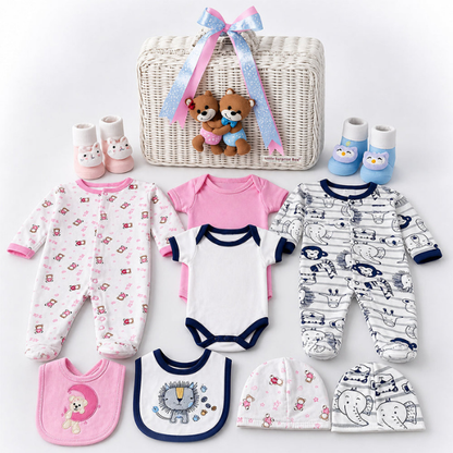 25 pcs, Twin Boy & Girl White cane basket themed Newborn Baby Boy, All Season wear,Gift Hamper set, 0-6 months
