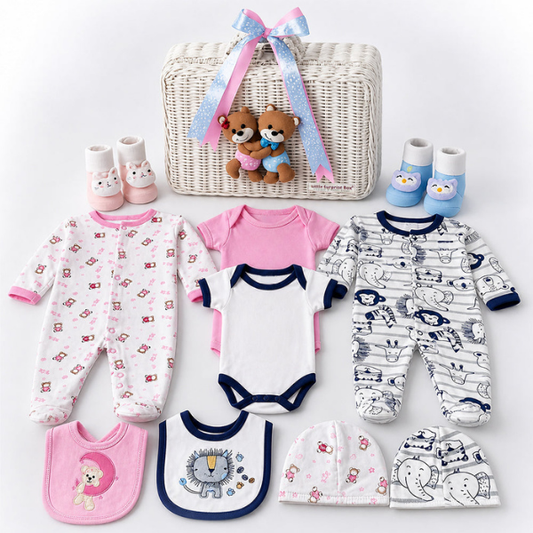 25 pcs, Twin Boy & Girl White cane basket themed Newborn Baby Boy, All Season wear,Gift Hamper set, 0-6 months