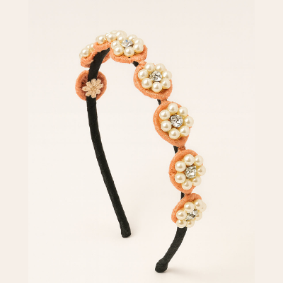 Choko Beaded Floral Pearl Hairband Hair Accessory with Pearls and Flowers for Girls - Pink