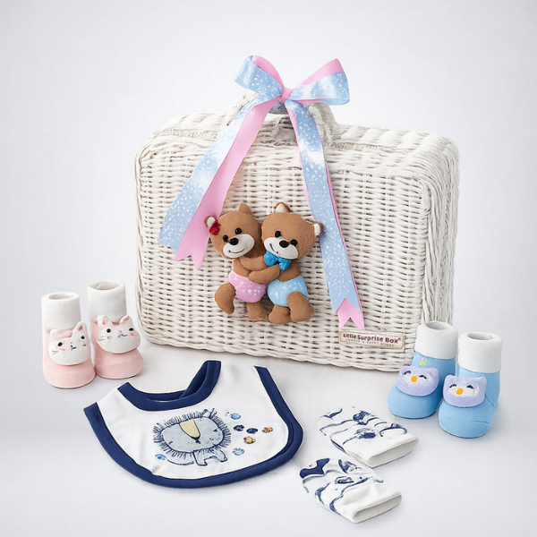25 pcs, Twin Boy & Girl White cane basket themed Newborn Baby Boy, All Season wear,Gift Hamper set, 0-6 months