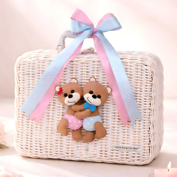25 pcs, Twin Boy & Girl White cane basket themed Newborn Baby Boy, All Season wear,Gift Hamper set, 0-6 months
