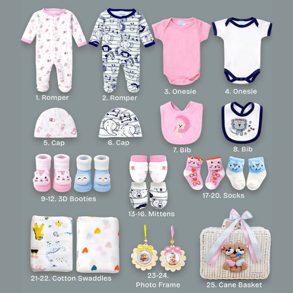 25 pcs, Twin Boy & Girl White cane basket themed Newborn Baby Boy, All Season wear,Gift Hamper set, 0-6 months