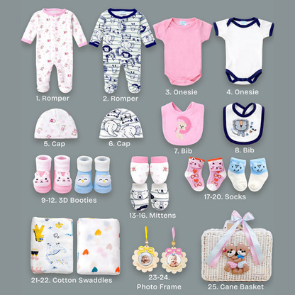 25 pcs, Twin Boy & Girl White cane basket themed Newborn Baby Boy, All Season wear,Gift Hamper set, 0-6 months