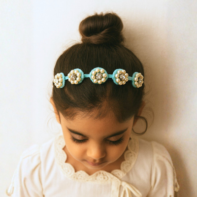 Choko Beaded Floral Pearl Hairband Hair Accessory with Rhinestones and Flowers for Girls - Blue