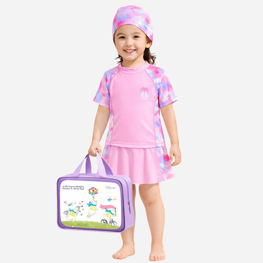 2 Pcs Top & Skort Set Peach Pink Tie-Dye Side Panel UPF 50+ Swimwear with Matching Swim Cap for Girls With Free Wash Bag