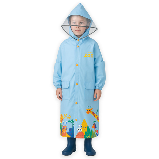 Blue Animal Print Knee Length Raincoat for Kids & Teens