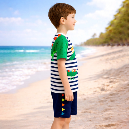 2 Pcs 3D Crocodile T-shirt & Shorts Set, Kids Swimwear with matching Swim Cap, plus Free Wash Bag & Free Swim Detergent