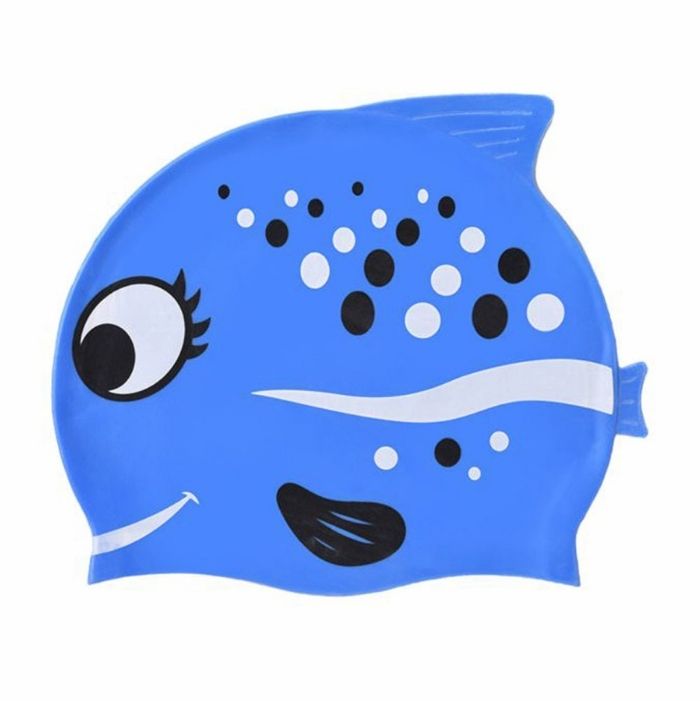 Black Polka Blue Fishy, Silicone Kids Swim Cap, 5 years -15 years