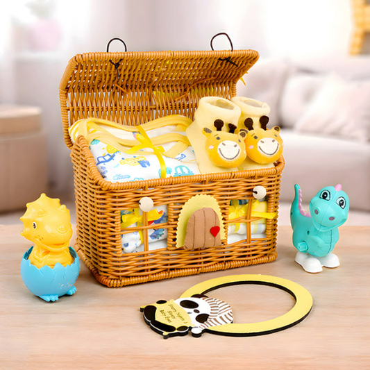 15 pcs Yellow Blessed Home cane basket Neutral gender Newborn Hamper/Giftbox set for Newborn Baby Girl/Boy,0-6 months