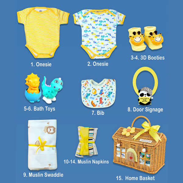 15 pcs Yellow Blessed Home cane basket Neutral gender Newborn Hamper/Giftbox set for Newborn Baby Girl/Boy,0-6 months