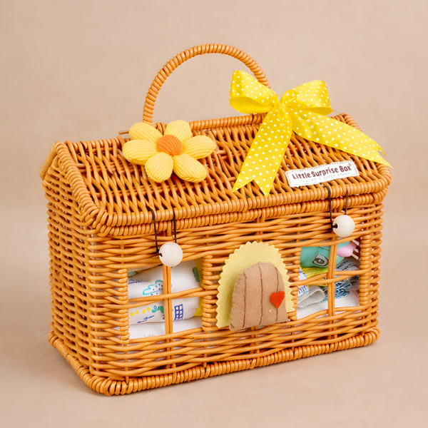 15 pcs Yellow Blessed Home cane basket Neutral gender Newborn Hamper/Giftbox set for Newborn Baby Girl/Boy,0-6 months