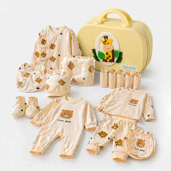 22 pcs small Bear Hamper for Newborn Baby Boy/ Baby Girl, All season wear hamper with Giraffe travel Suitcase, 0-12 months