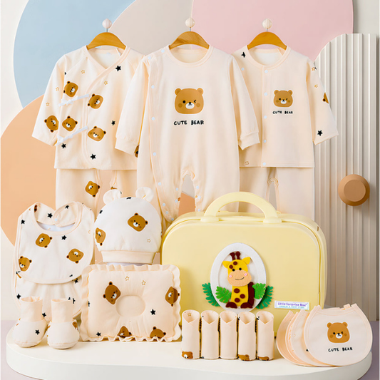22 pcs small Bear Hamper for Newborn Baby Boy/ Baby Girl, All season wear hamper with Giraffe travel Suitcase, 0-12 months