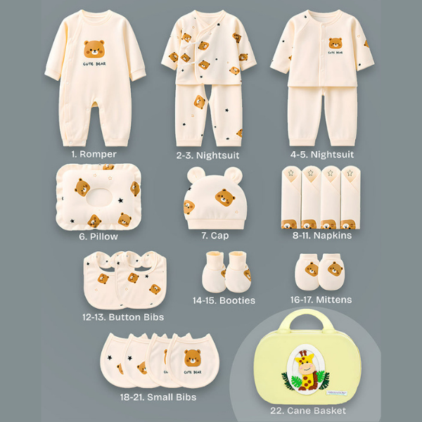 22 pcs small Bear Hamper for Newborn Baby Boy/ Baby Girl, All season wear hamper with Giraffe travel Suitcase, 0-12 months