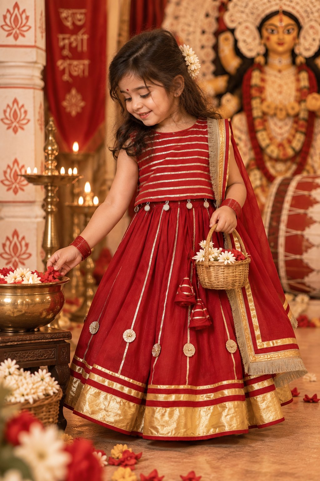 Gulab Gota Mirror Lehenga Set for Girls - Red