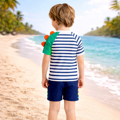 2 Pcs 3D Crocodile T-shirt & Shorts Set, Kids Swimwear with matching Swim Cap, plus Free Wash Bag & Free Swim Detergent