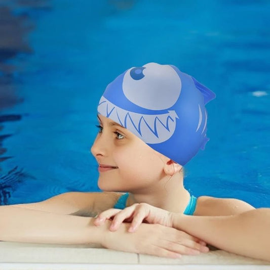 Blue & White Jaw Fish, Silicone Kids Swim Cap, 5 years -15 years