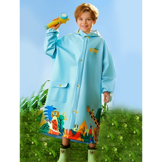 Blue Animal Print Knee Length Raincoat for Kids & Teens