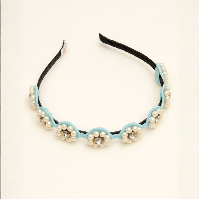 Choko Beaded Floral Pearl Hairband Hair Accessory with Rhinestones and Flowers for Girls - Blue